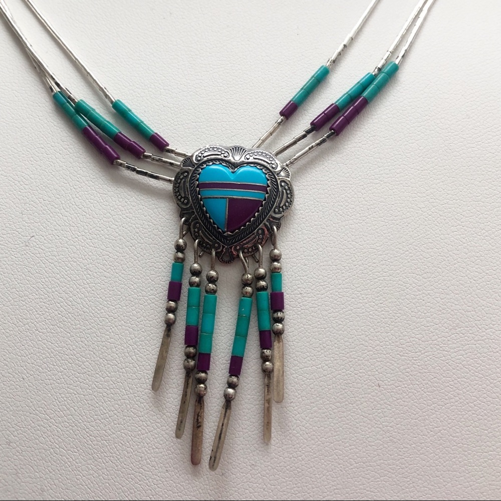 Southwestern Liquid Silver Inlay Turquoise Sugilite Sterling Heart Necklace - Picture 5 of 12